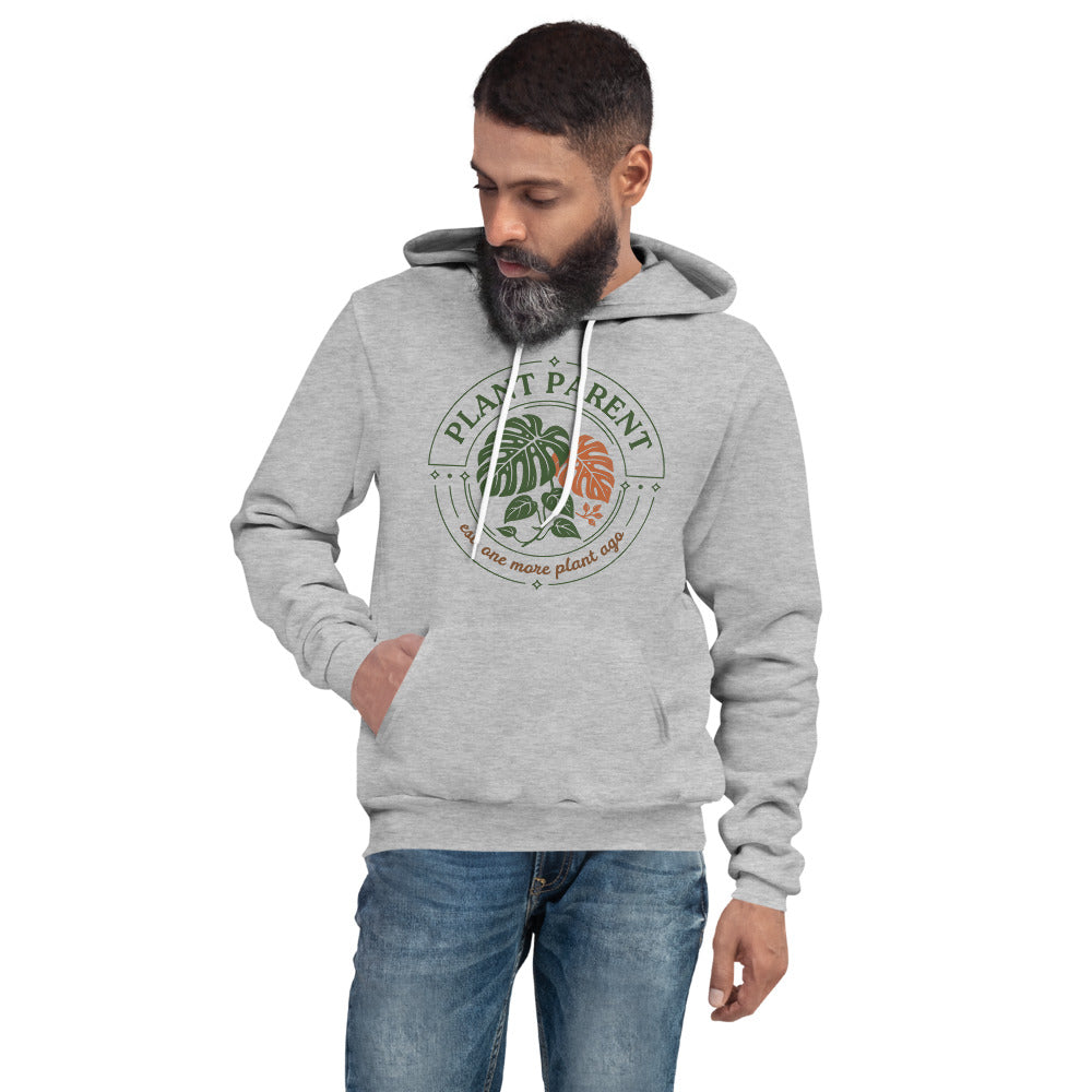 Plant Parent retro botanical badge hoodie — Athletic Heather, on model