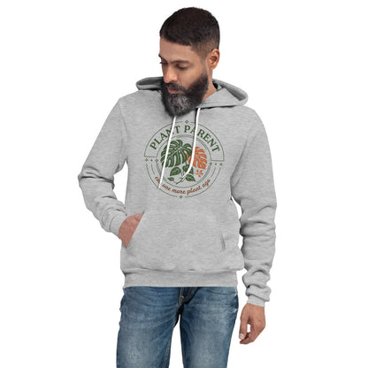 Plant Parent retro botanical badge hoodie — Athletic Heather, on model