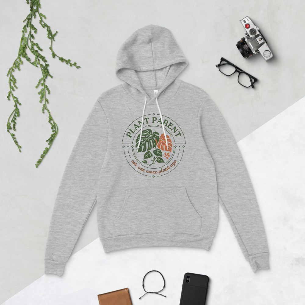 Plant Parent retro botanical badge hoodie — Athletic Heather, flat lay