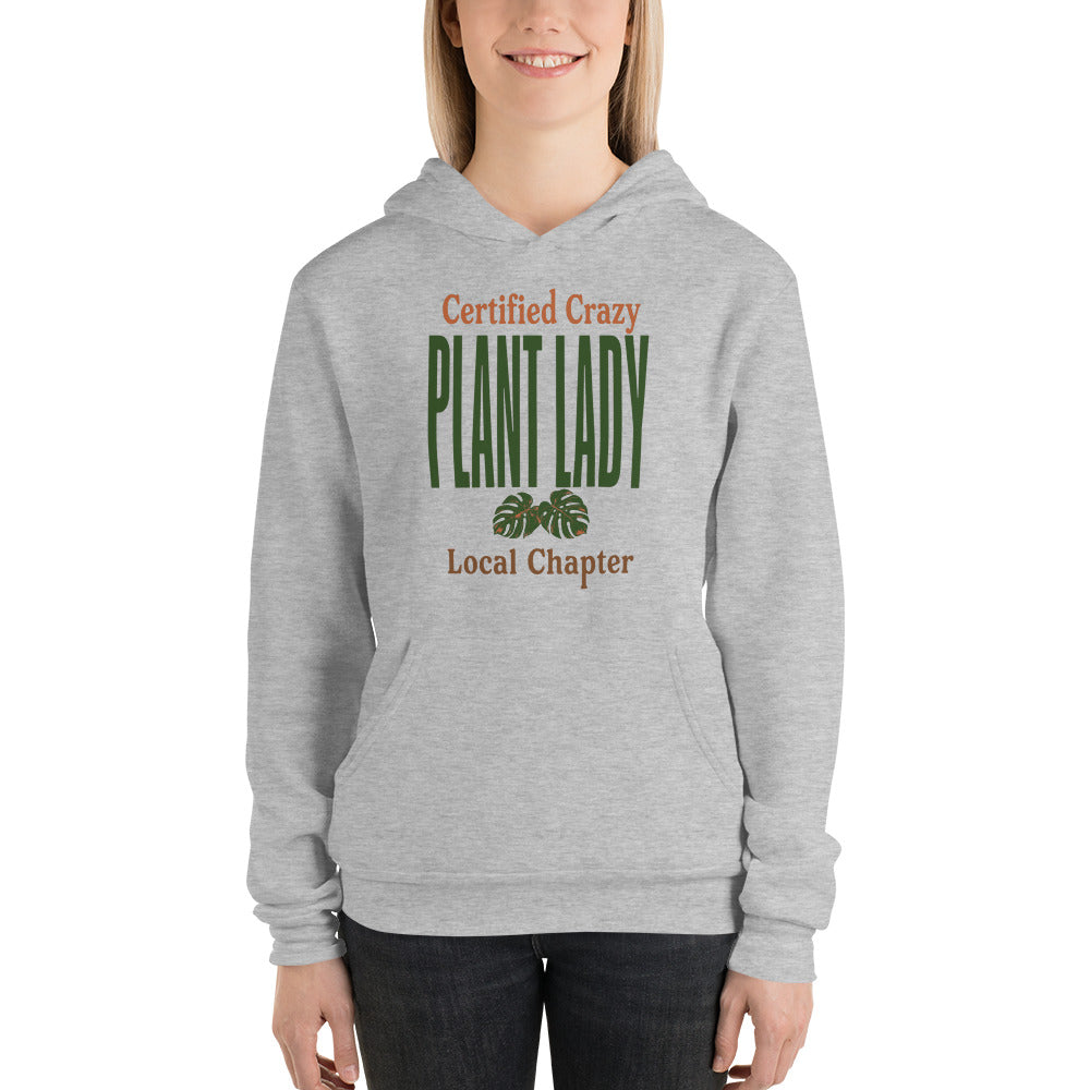 Certified Crazy Plant Lady retro botanical hoodie — Athletic Heather, on model
