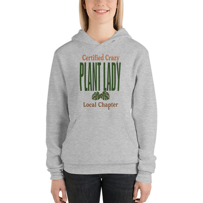 Certified Crazy Plant Lady retro botanical hoodie — Athletic Heather, on model