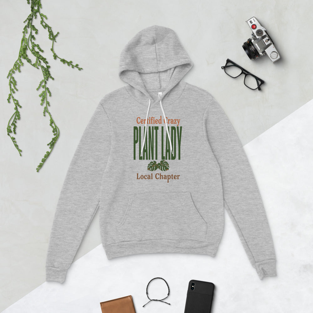Certified Crazy Plant Lady retro botanical hoodie — Athletic Heather, flat lay