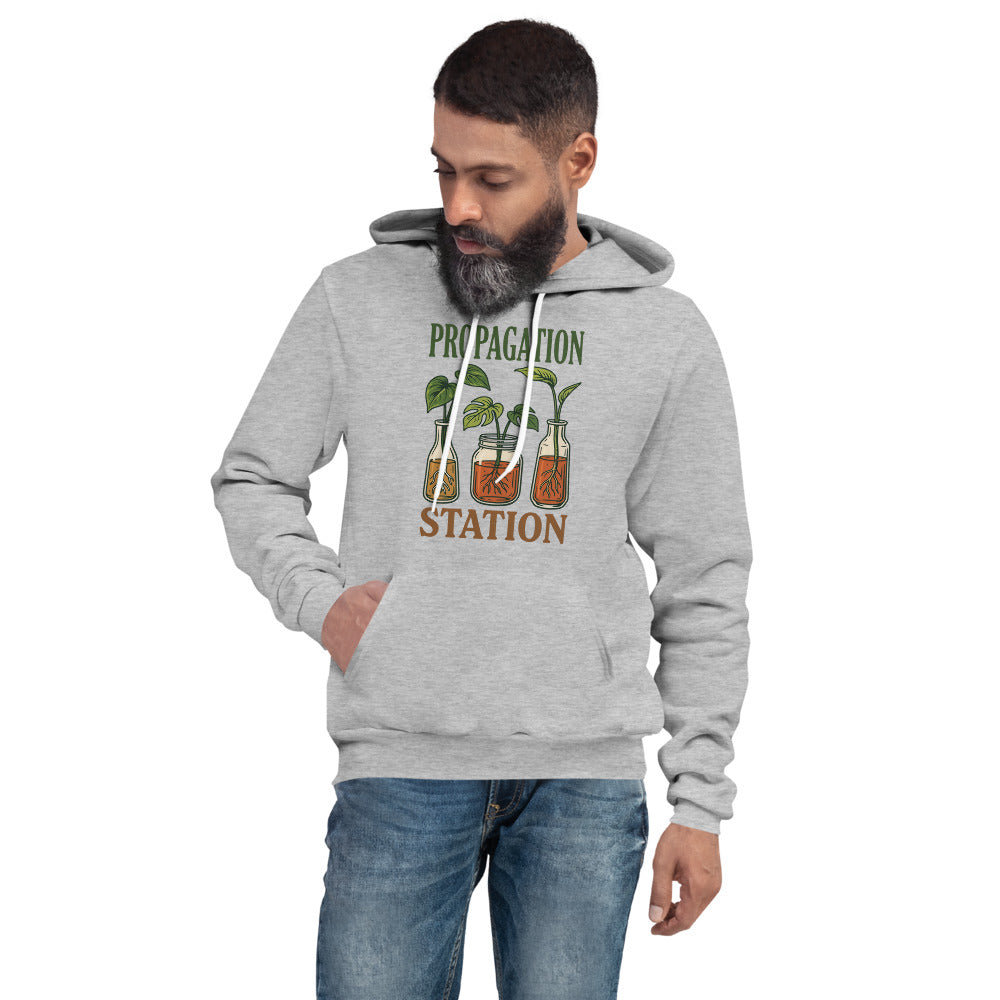 Propagation Station retro botanical plant lover hoodie — Athletic Heather, on model