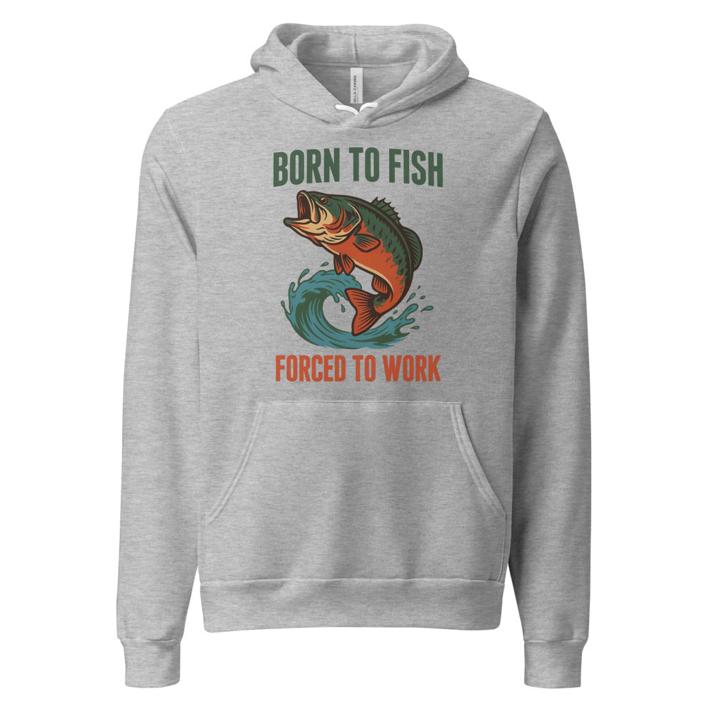 Born to Fish Forced to Work retro fishing humor hoodie — Athletic Heather, front