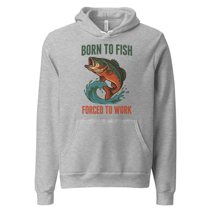 Born to Fish Forced to Work retro fishing humor hoodie — Athletic Heather, front