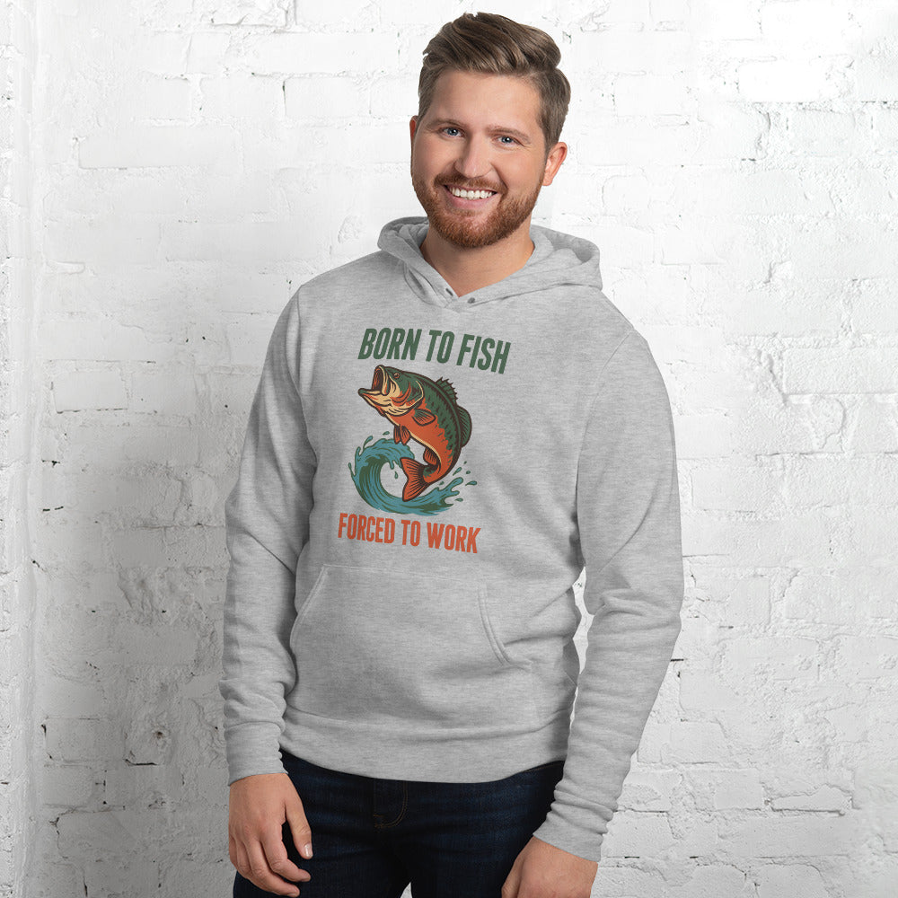 Born to Fish Forced to Work retro fishing humor hoodie — Athletic Heather, on model