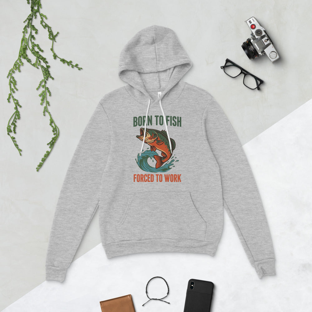 Born to Fish Forced to Work retro fishing humor hoodie — Athletic Heather, flat lay