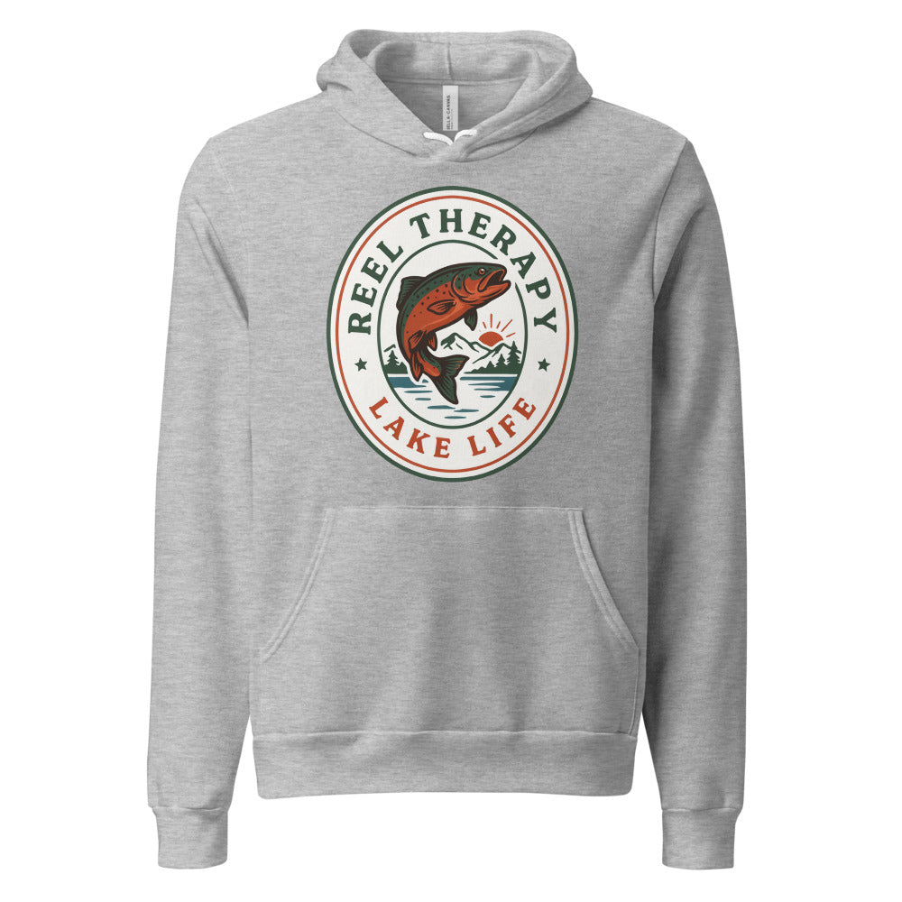 Reel Therapy retro national-park trout badge fishing hoodie — Athletic Heather, front