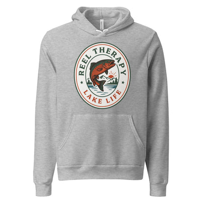 Reel Therapy retro national-park trout badge fishing hoodie — Athletic Heather, front