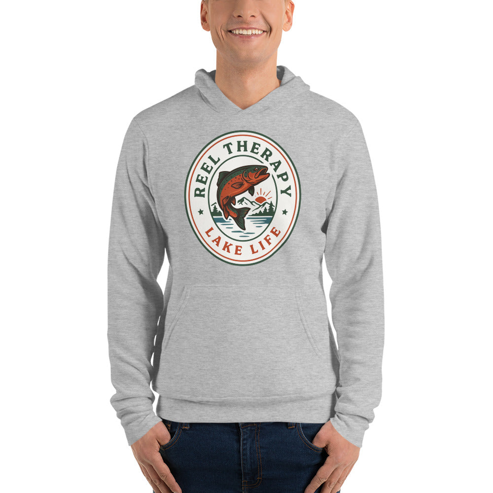 Reel Therapy retro national-park trout badge fishing hoodie — Athletic Heather, on model