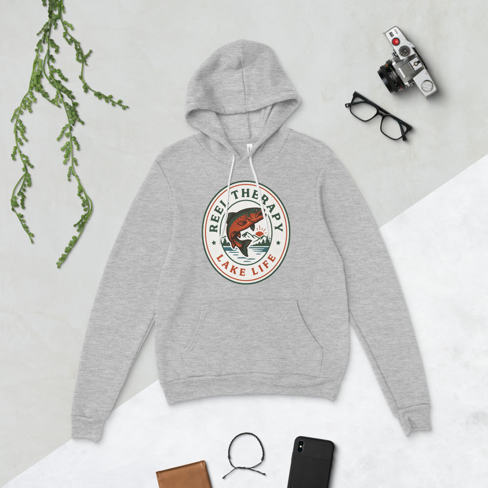Reel Therapy retro national-park trout badge fishing hoodie — Athletic Heather, flat lay