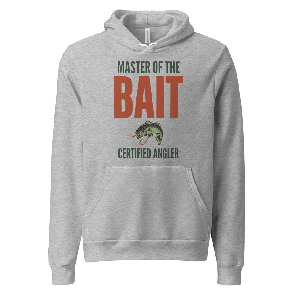 Master of the Bait retro fishing humor typography hoodie — Athletic Heather, front