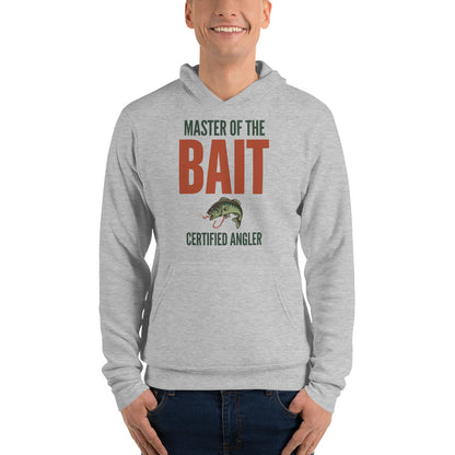 Master of the Bait retro fishing humor typography hoodie — Athletic Heather, on model