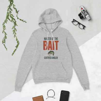 Master of the Bait retro fishing humor typography hoodie — Athletic Heather, flat lay