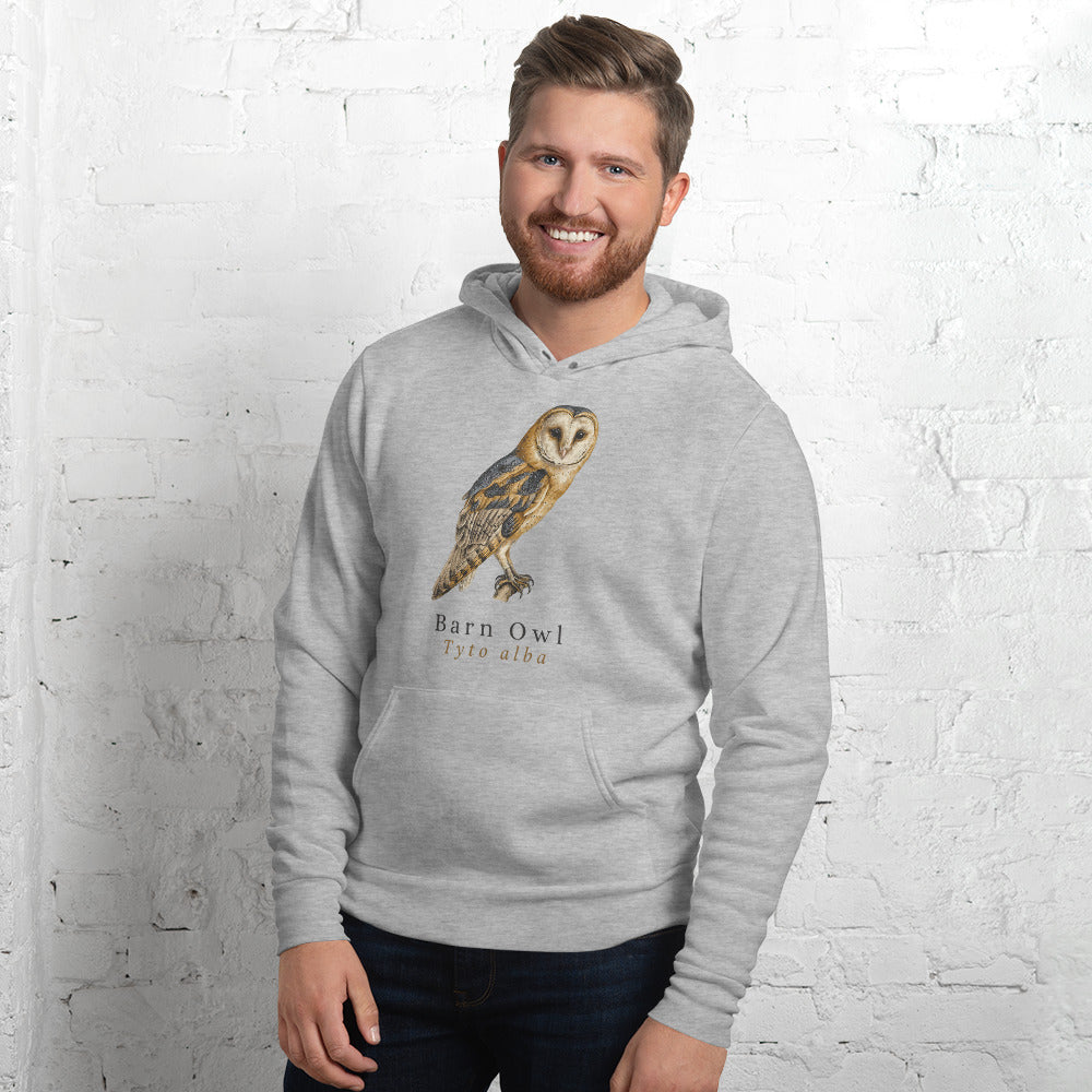 Barn Owl vintage field-guide hoodie — Athletic Heather, on model
