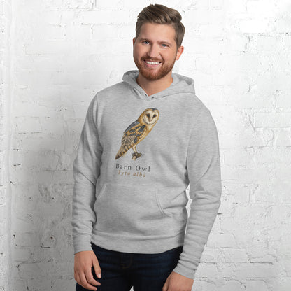 Barn Owl vintage field-guide hoodie — Athletic Heather, on model
