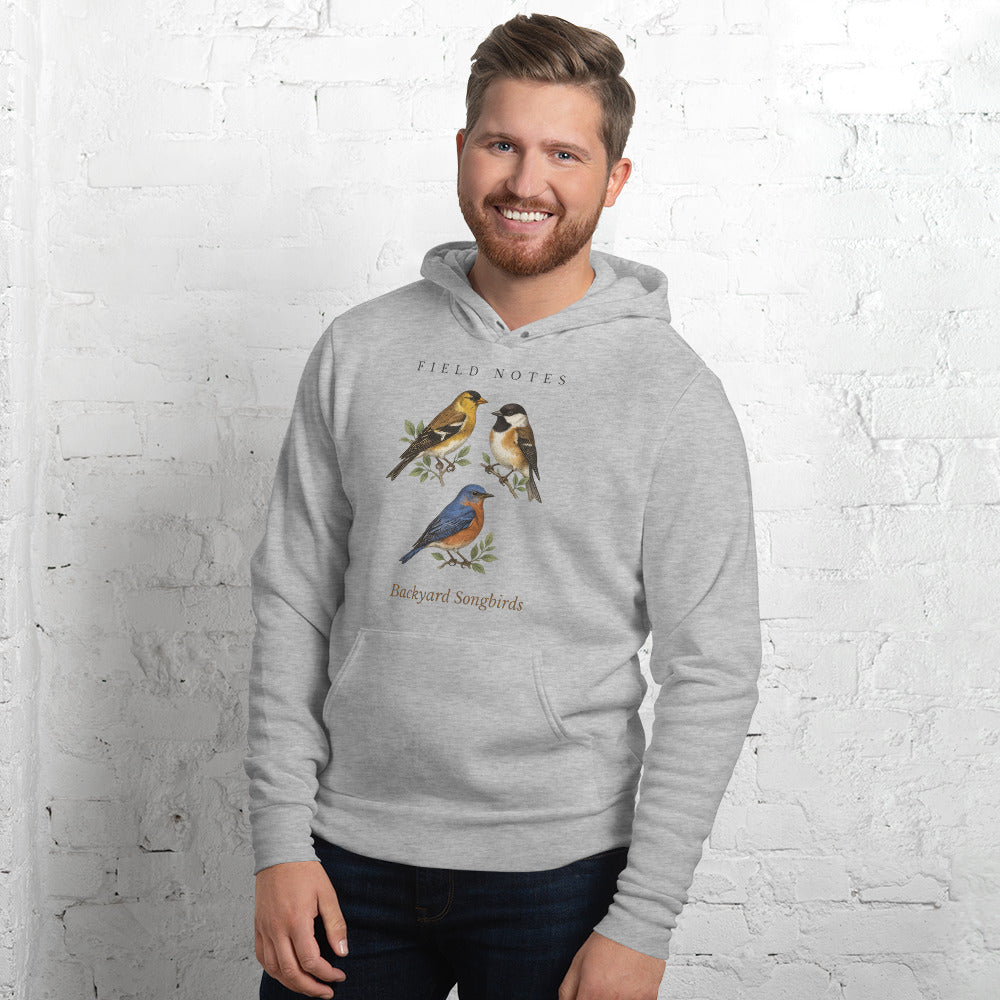 Backyard Songbirds vintage field-guide hoodie — Athletic Heather, on model