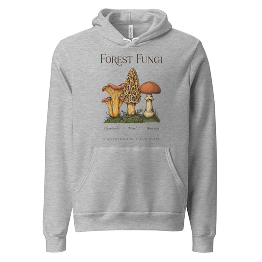 Forest Fungi vintage mushroom field guide hoodie — Athletic Heather, front