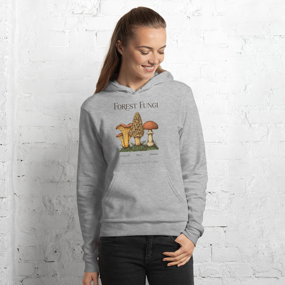 Forest Fungi vintage mushroom field guide hoodie — Athletic Heather, on model