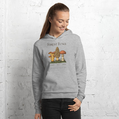 Forest Fungi vintage mushroom field guide hoodie — Athletic Heather, on model