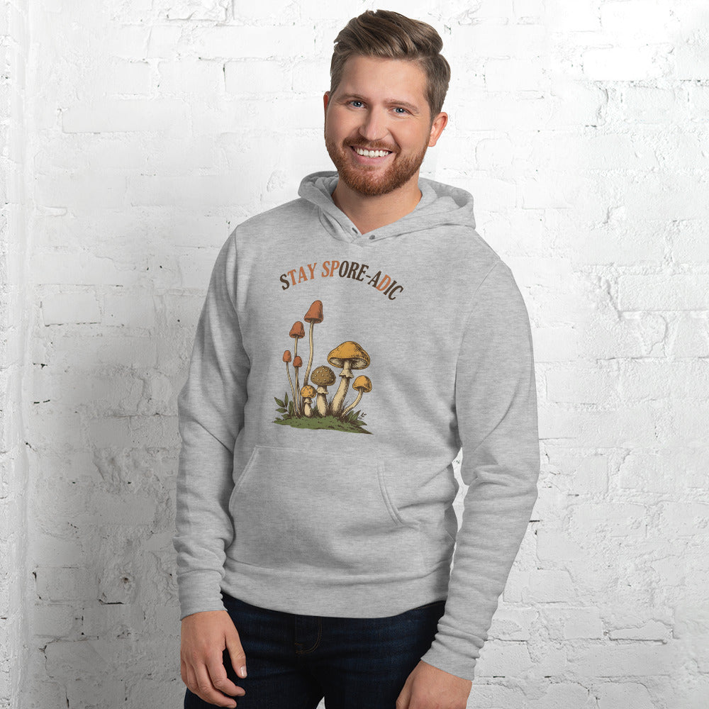 Stay Spore-adic funny vintage mushroom hoodie — Athletic Heather, on model