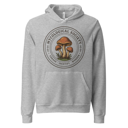Mushroom Foraging Mycological Society vintage botanical hoodie — Athletic Heather, front
