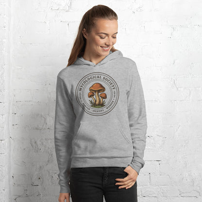 Mushroom Foraging Mycological Society vintage botanical hoodie — Athletic Heather, on model