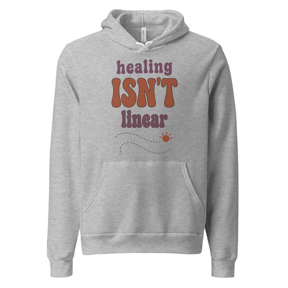 Healing Isn't Linear soft retro mental health hoodie — Athletic Heather, front