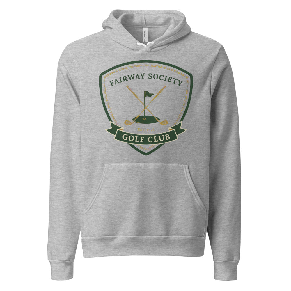 Fairway Society vintage golf club crest hoodie — Athletic Heather, front