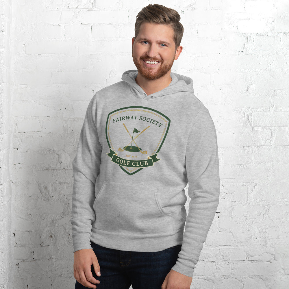 Fairway Society vintage golf club crest hoodie — Athletic Heather, on model