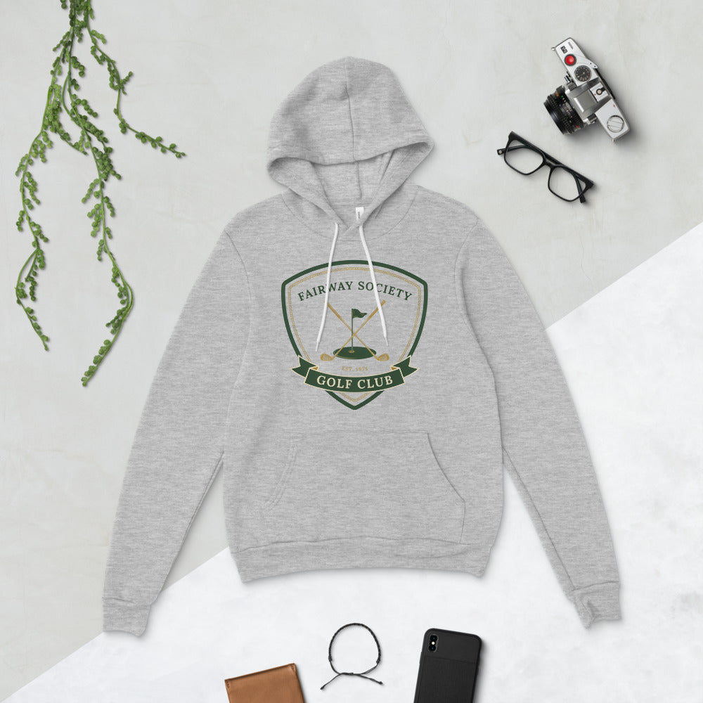 Fairway Society vintage golf club crest hoodie — Athletic Heather, flat lay