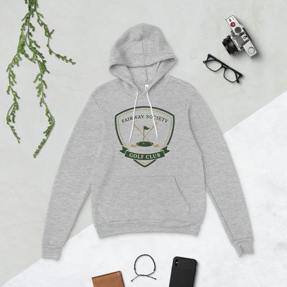 Fairway Society vintage golf club crest hoodie — Athletic Heather, flat lay