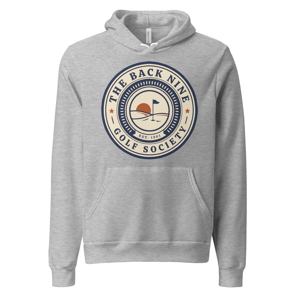 The Back Nine vintage golf roundel hoodie — Athletic Heather, front
