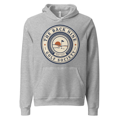 The Back Nine vintage golf roundel hoodie — Athletic Heather, front