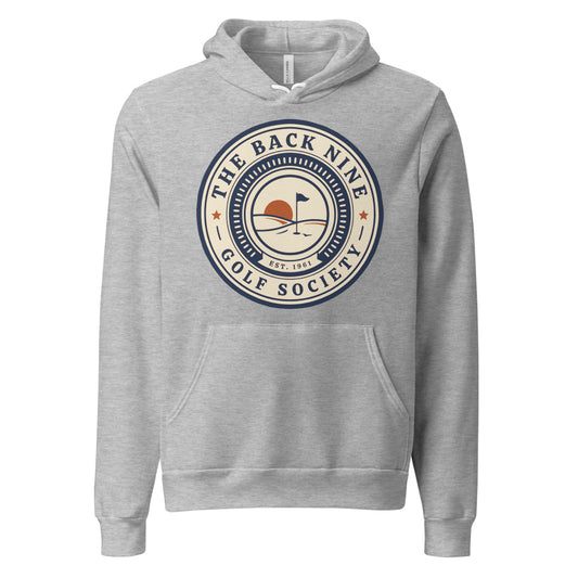 The Back Nine vintage golf roundel hoodie — Athletic Heather, front