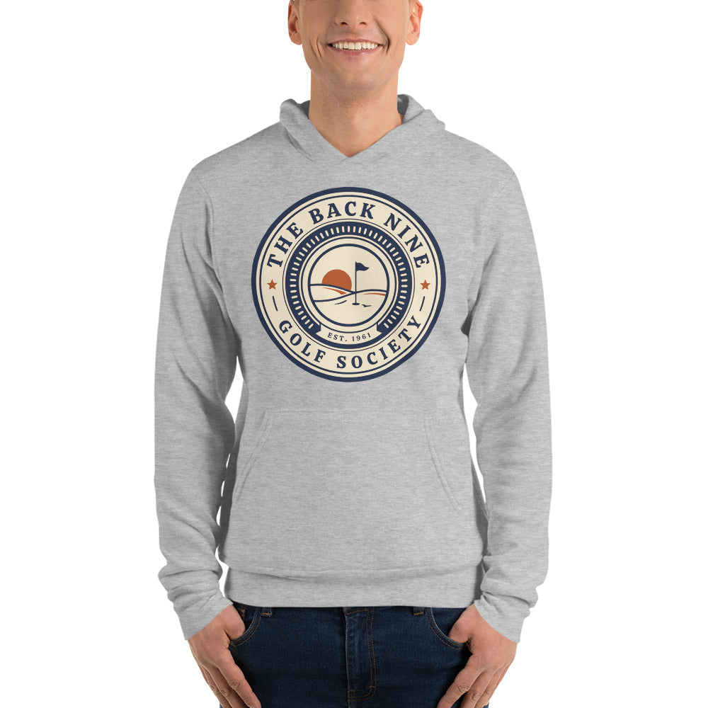 The Back Nine vintage golf roundel hoodie — Athletic Heather, on model