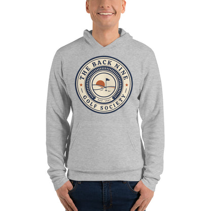 The Back Nine vintage golf roundel hoodie — Athletic Heather, on model