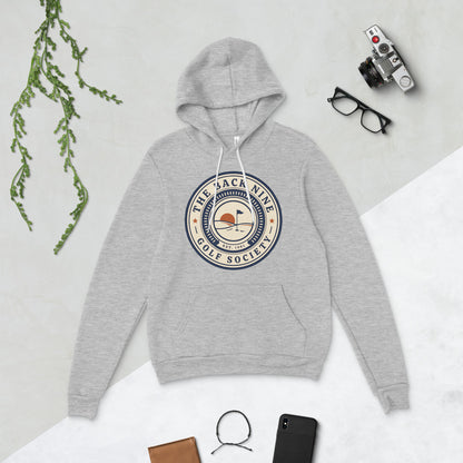 The Back Nine vintage golf roundel hoodie — Athletic Heather, flat lay