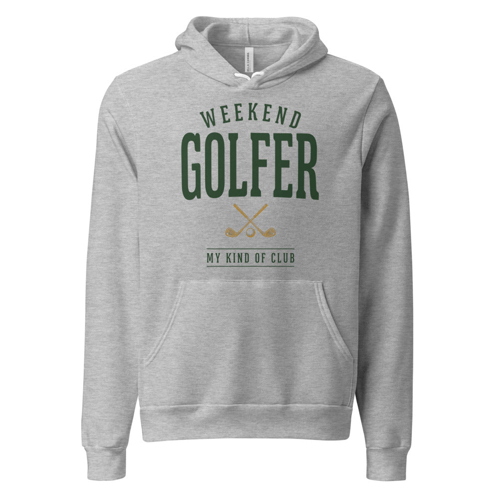 Weekend Golfer vintage golf wordmark hoodie — Athletic Heather, front