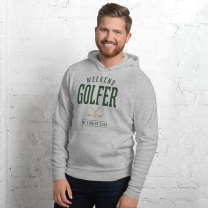Weekend Golfer vintage golf wordmark hoodie — Athletic Heather, on model