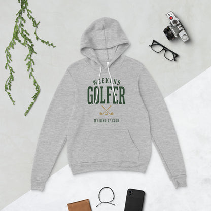 Weekend Golfer vintage golf wordmark hoodie — Athletic Heather, flat lay