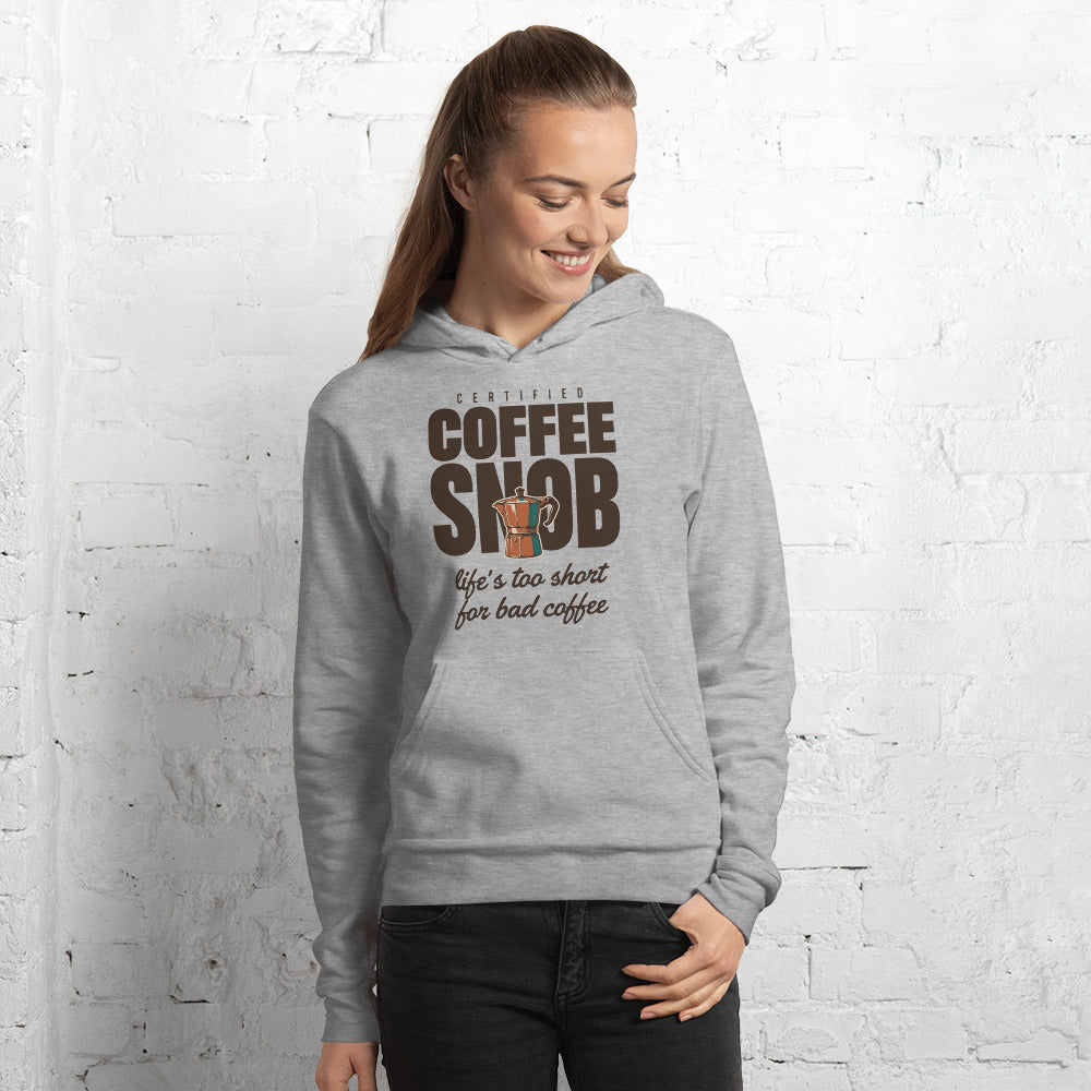 Certified Coffee Snob coffee hoodie — Athletic Heather, on model