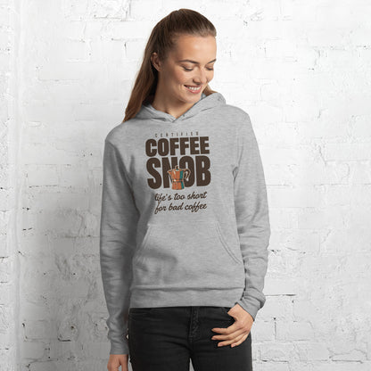 Certified Coffee Snob coffee hoodie — Athletic Heather, on model