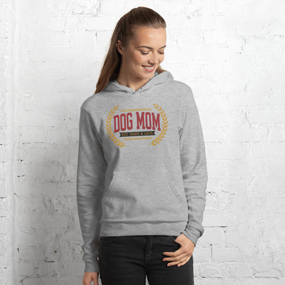 Dog Mom vintage varsity wordmark hoodie — Athletic Heather, on model