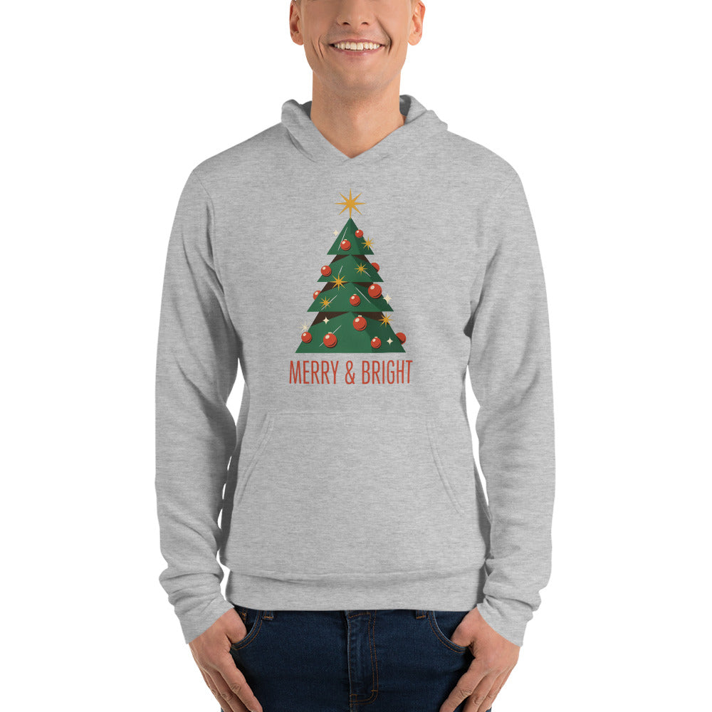 Atomic mid-century retro Christmas tree hoodie — Athletic Heather, on model