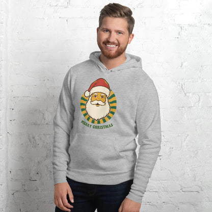 Groovy Santa retro Christmas hoodie — Athletic Heather, on model