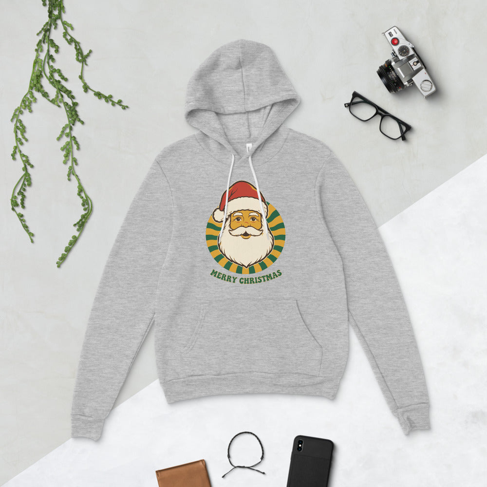 Groovy Santa retro Christmas hoodie — Athletic Heather, flat lay