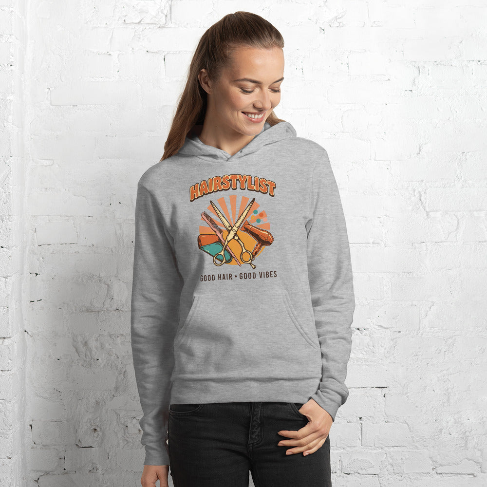 Retro Salon Hairstylist good hair good vibes hoodie — Athletic Heather, on model