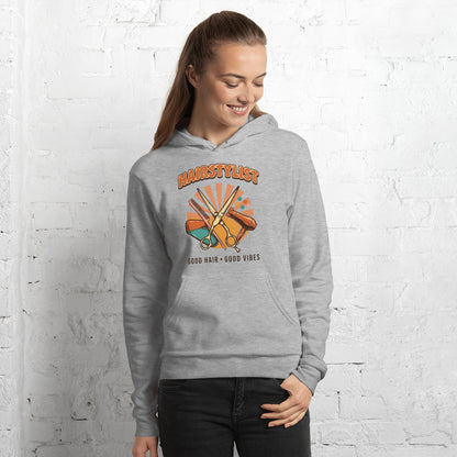 Retro Salon Hairstylist good hair good vibes hoodie — Athletic Heather, on model