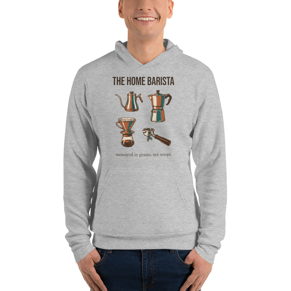 The Home Barista specialty coffee hoodie — Athletic Heather, on model